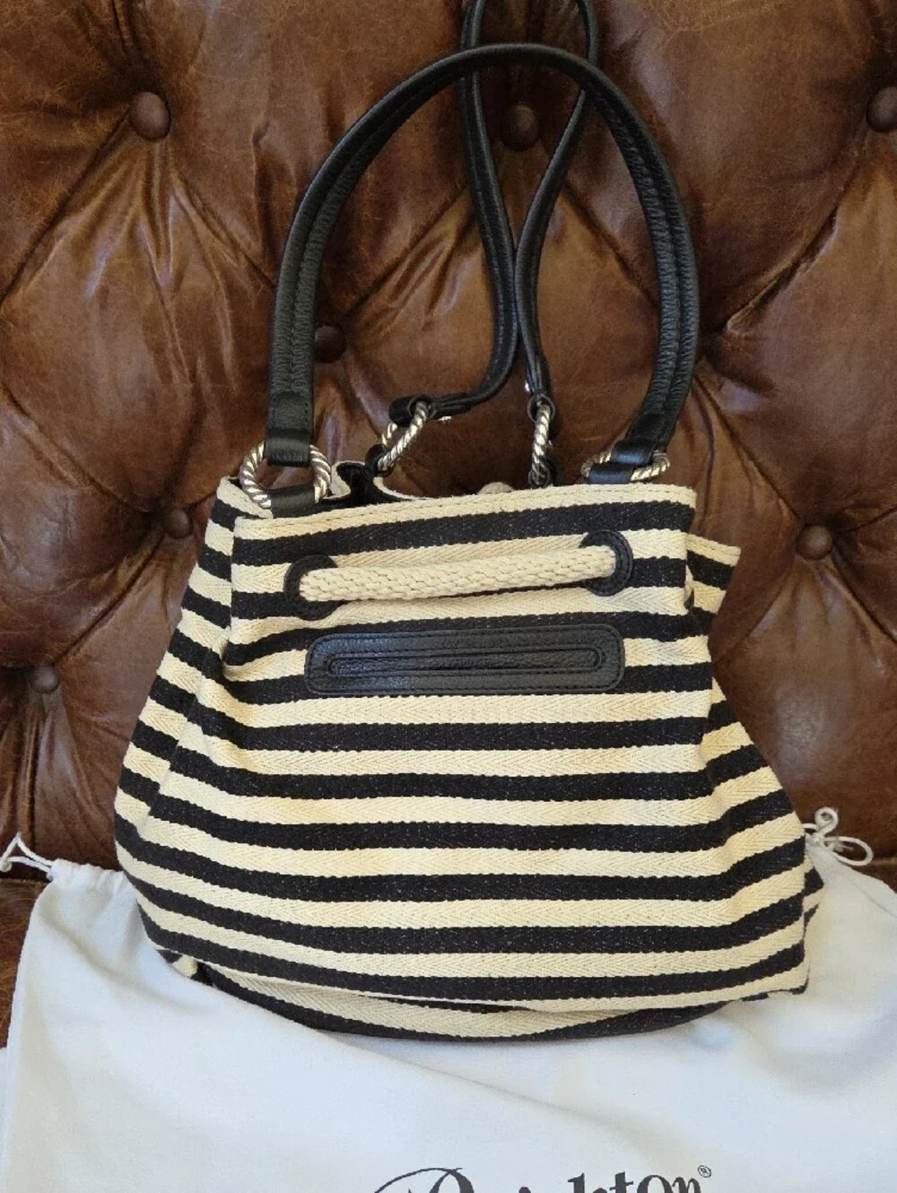 Brighton Black and Cream Striped Drawstring Shoulder Bag with Charm